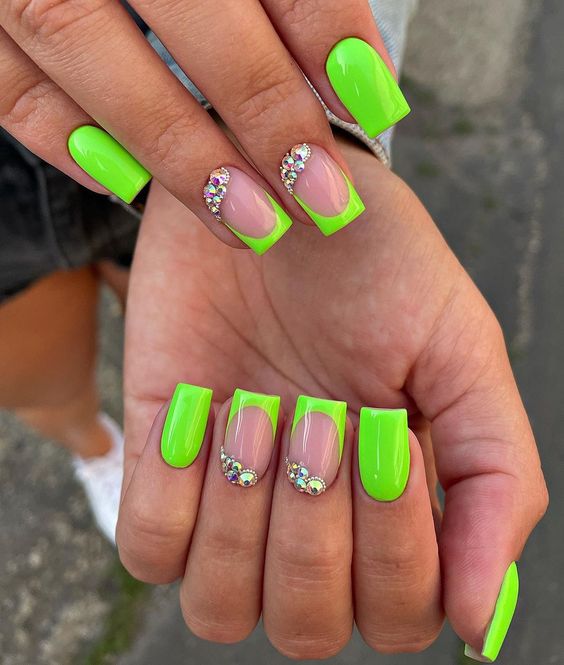 Neon Green French Tips with Gems